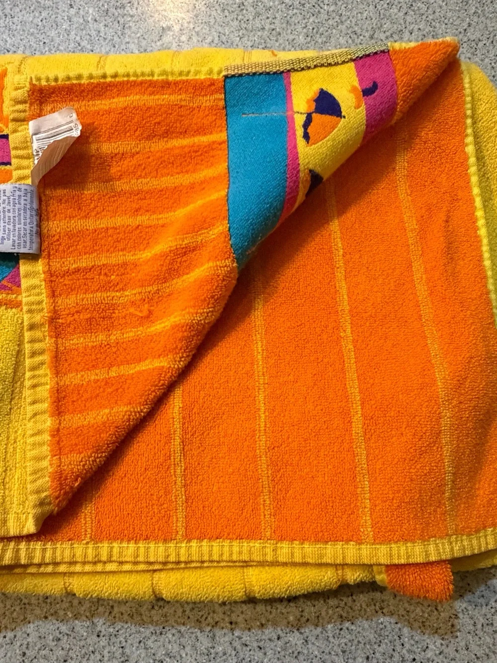 Vtg Franco Palm Cove Beach Towel Yellow Orange Reversible Retro Neon Sun 80s 90s